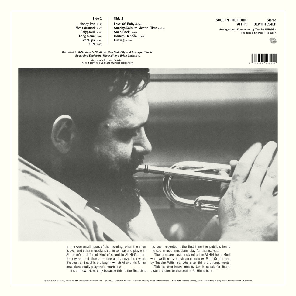 "Soul in the Horn" back album cover featuring an image of Hirt playing the trumpet.
