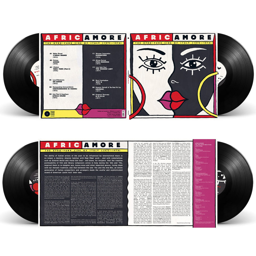 Africamore the Afro-Funk Side of Italy (1973-1978) 2LP mockup featuring gatefold packaging layout