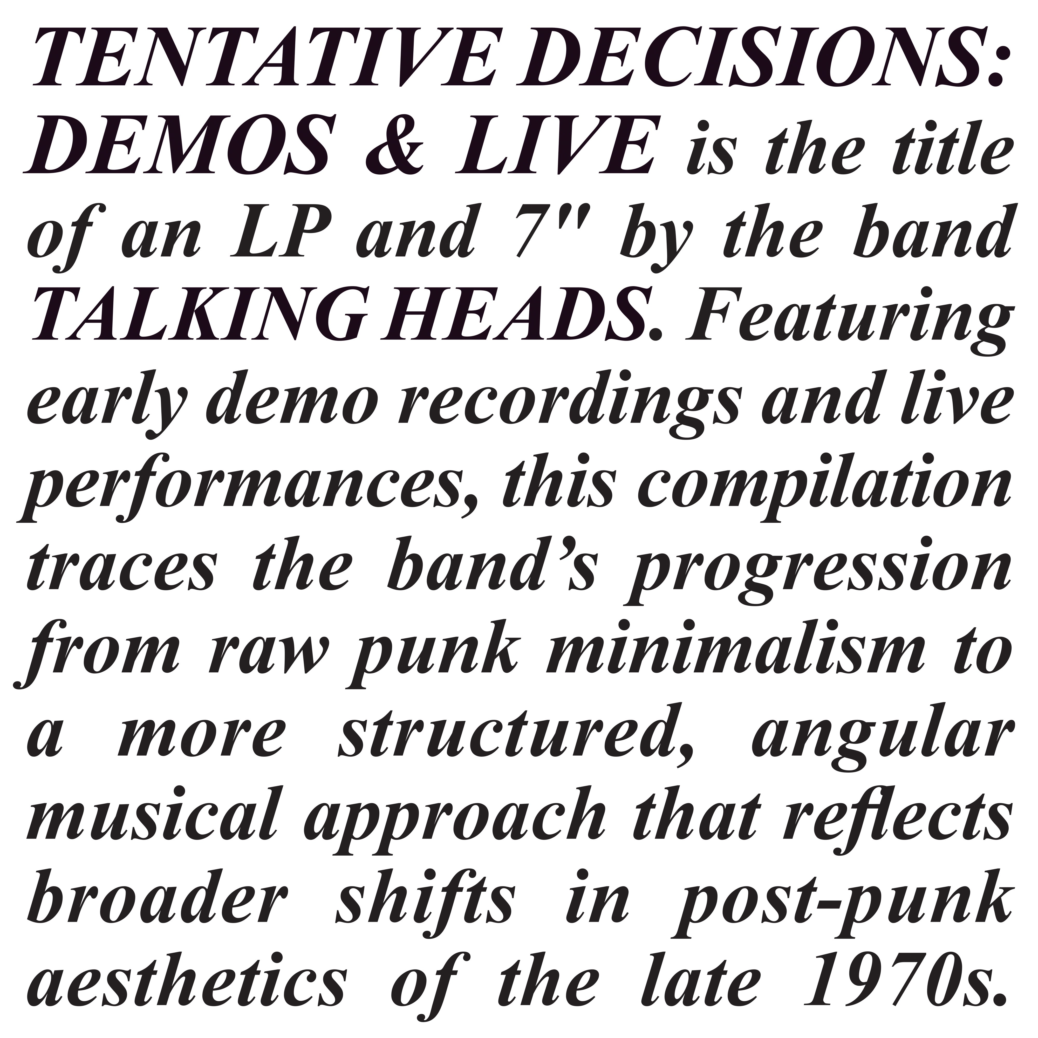 Talking Heads | Tentative Decisions: Demos & Live – Light in the Attic